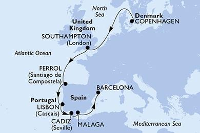 Sea cruise 10 nights Copenhagen Southampton Ferrol Lisbon