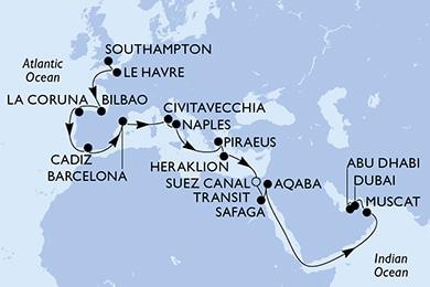 Морской круиз 27 ночей Великобритания, Франция, Испания, Италия, Греция,Египет, Иордания, Оман, ОАЭ пт 27 окт. - чт 23 нояб. от MSC Cruises накруизном лайнере MSC Virtuosa купить